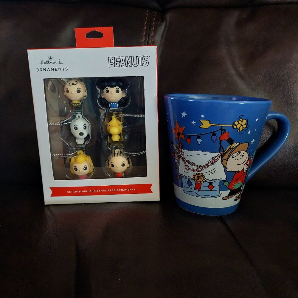 2016 Snoopy Peanuts Gang Charlie Brown Christmas Mug & 2024 Hallmark Ornaments